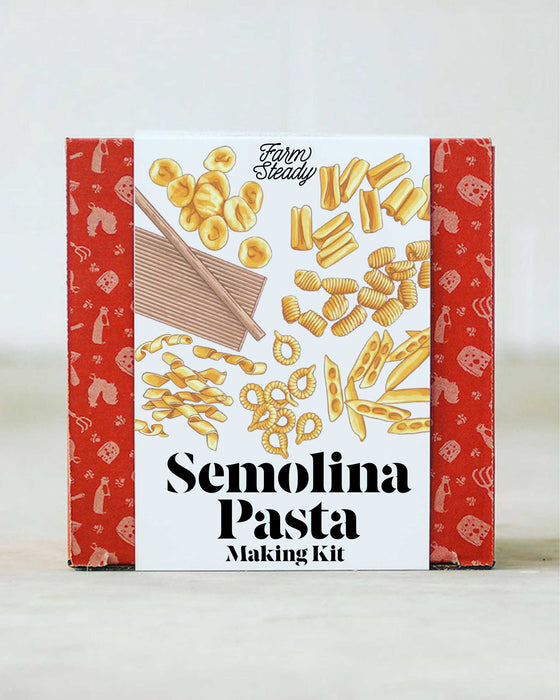 Semolina Pasta Making Kit packaging with images of pasta on a white background