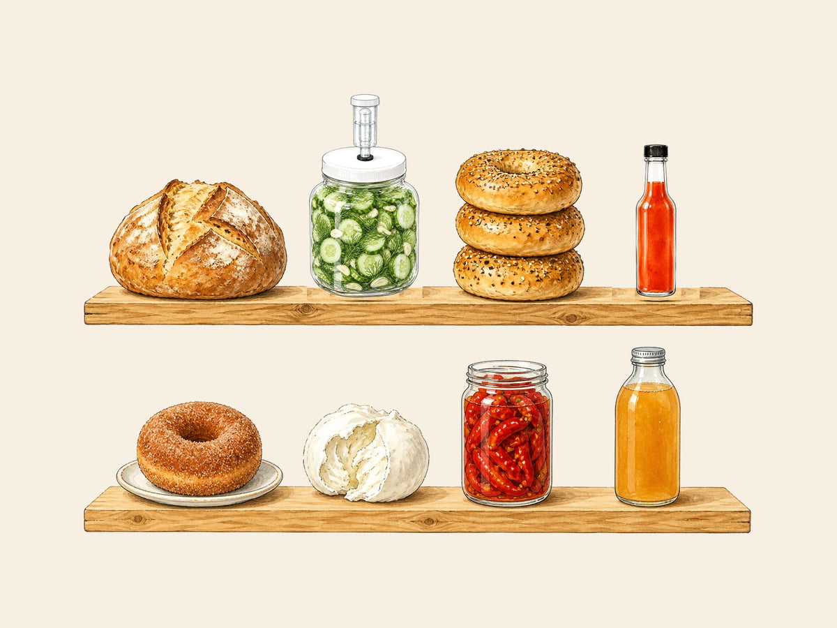 The Labor Day Sale: a pantry shelf of homemade breads, bagels, pickles, hot sauce and cheese