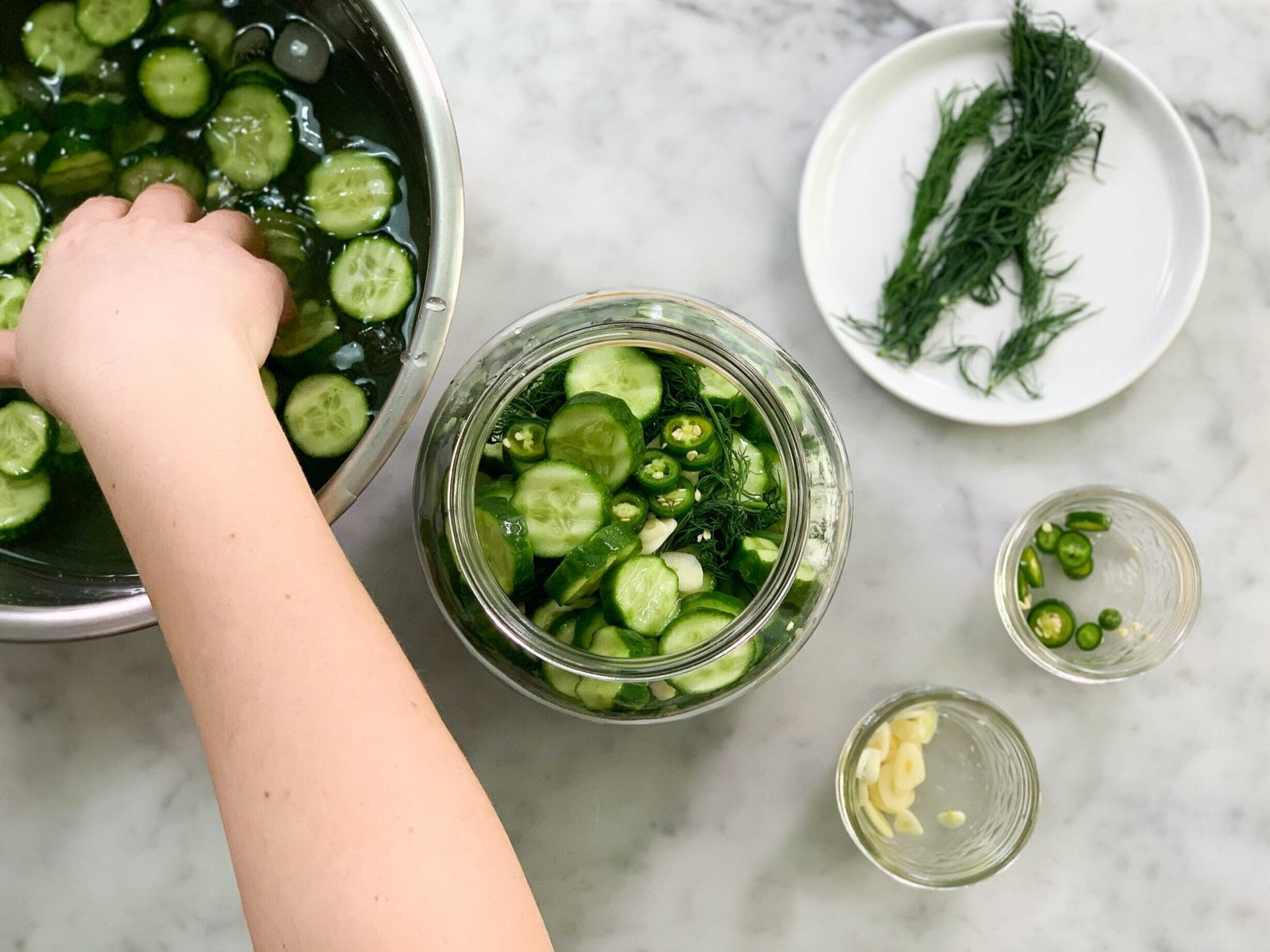 Packing a jar of dill pickle chips with the FarmSteady Lacto Pickle Kit