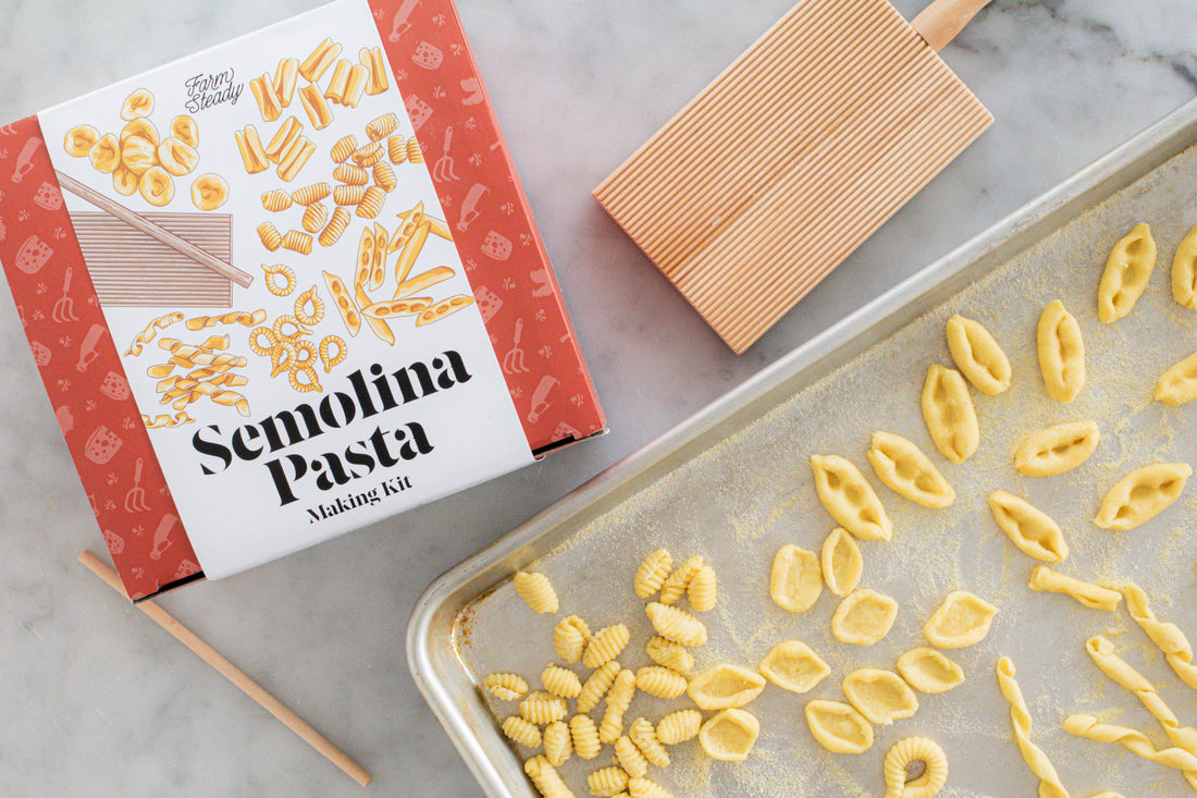 Finished Semolina Pasta on Baking Tray with FarmSteady Semolina Pasta Making Kit